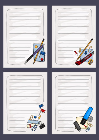 Template of blank pages of notebook and diary with stationery and torn sheets of paperのイラスト素材