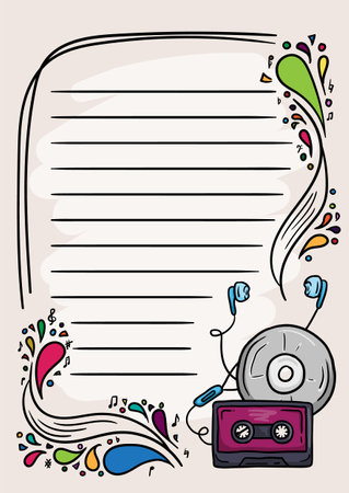 Colorful notebook page with musical elements and notes and bright splashes and drops. Template for notes and diaryのイラスト素材