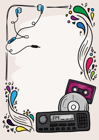 Colorful notebook page with musical elements and notes and bright splashes and drops. Template for notes and diaryのイラスト素材