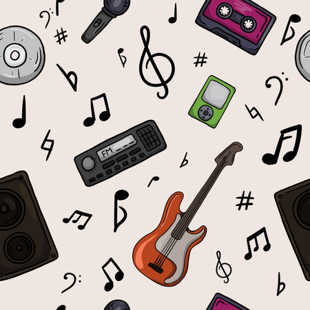 Seamless vector pattern for gift paper with musical instruments, gadgets and sheet music, in doodle style, hand drawnのイラスト素材