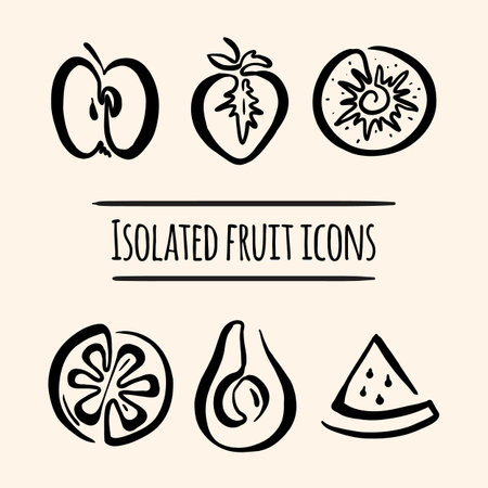 Vector illustration of fruits: apple, strawberry, kiwi, orange, avocado, watermelon. Logos, icons, minimalismのイラスト素材