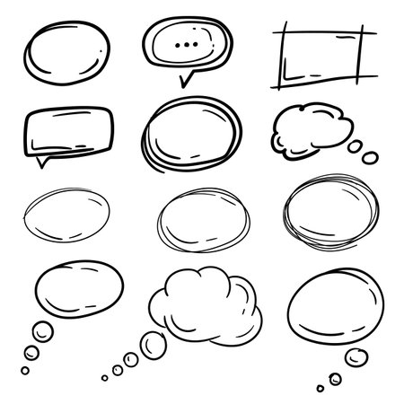 Vector illustration of scribbles, clouds and quotes for text. Doodle shapes hand drawn, set of elements in sloppy styleのイラスト素材