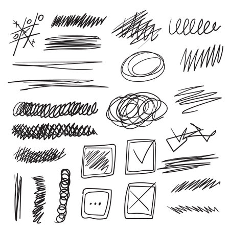Vector set of scribbles, strikethroughs, lines and shapes. Doodle illustration hand drawn in sloppy styleのイラスト素材