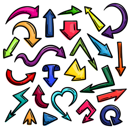 Set of bright multi-colored vector doodle arrows hand-drawn in different directionsのイラスト素材