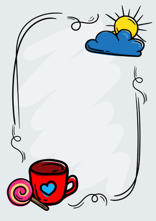 Bright doodle illustration, hand drawn, frame with cup, lollipop, sun and cloud for greeting card with space for textのイラスト素材
