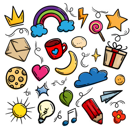 Vector set of bright cute doodle elements hand draw: rainbow, heart, crown, clouds, cup, gifts, pencil and light bulbのイラスト素材