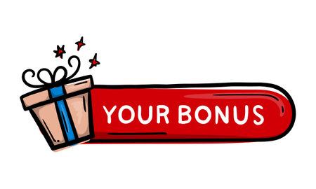 Bright vector label, doodle hand drawn illustration with gift and text your bonus.Suitable for app button, social media and advertisingのイラスト素材
