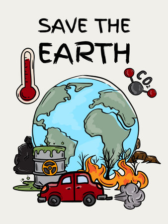 Colorful vector hand drawn illustration with melting iceberg and symbols of global warming and climate changeのイラスト素材