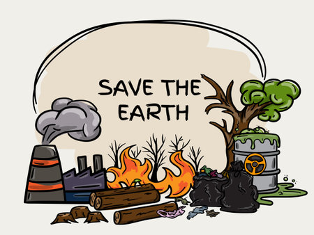 Colorful vector hand drawn illustration with melting iceberg and symbols of global warming and climate changeのイラスト素材