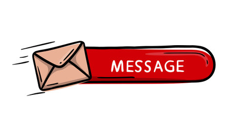 Bright Red Oval Sticker Button For Design Doodle Hand Drawn With Envelope Icon And Message Letteringのイラスト素材