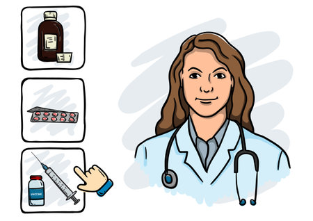 Young Woman Doctor With Stethoscope Advises Choosing Vaccination Instead Of Treatmentのイラスト素材