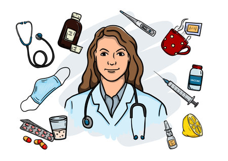 Young woman doctor with stethoscope and medical elements: vaccine, medicines, medical mask, thermometerのイラスト素材