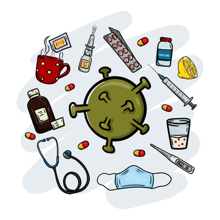 Flu and Covid Virus and Medical Items. Medicines, Tea, Vaccine, Medical Mask, Stethoscope, Cough Syrup, Lemon, Thermometerのイラスト素材