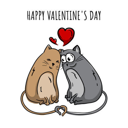 Bright hand drawn postcard of two cats in love with hearts and text Happy Valentines Dayのイラスト素材