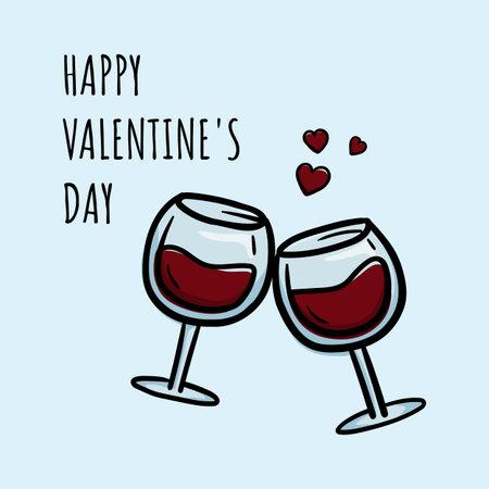 Minimalistic hand drawn doodle valentine card with two glasses of wine and hearts and text Happy Valentines Dayのイラスト素材