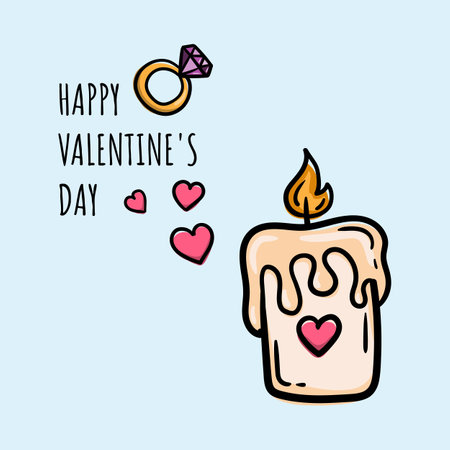 Cute valentines card with candle, diamond engagement ring, hearts and text Happy Valentines Dayのイラスト素材