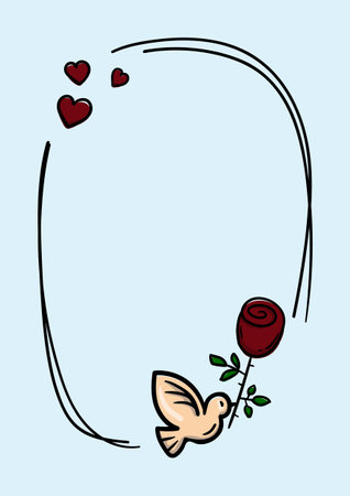 Cute hand drawn Valentines Day card with bird, rose, hearts and place for textのイラスト素材