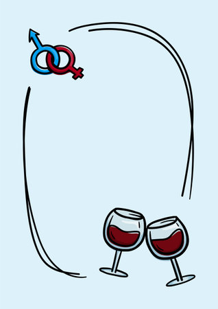 Valentines Day card background with two glasses of wine, gender symbols and frame for textのイラスト素材
