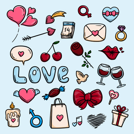 Set of hand drawn Valentines Day doodle elementsのイラスト素材