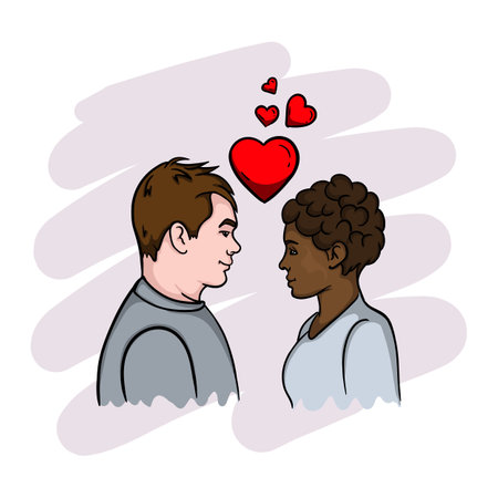 A white guy and a black girl in love want to kissのイラスト素材
