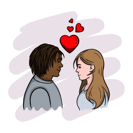Dark-skinned guy and white girl in love want to kissのイラスト素材