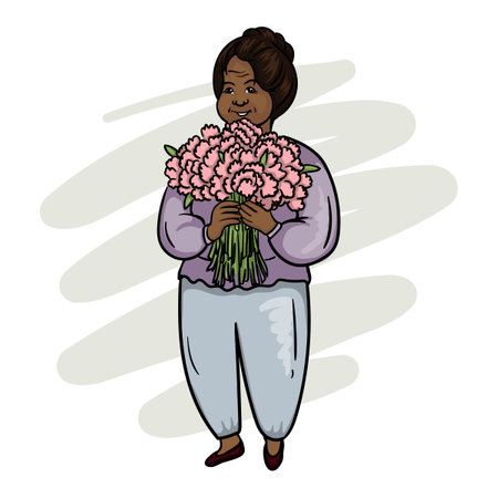 A beautiful fat black woman holds a bouquet of flowers in her hands. Postcard for International Womens Day.のイラスト素材