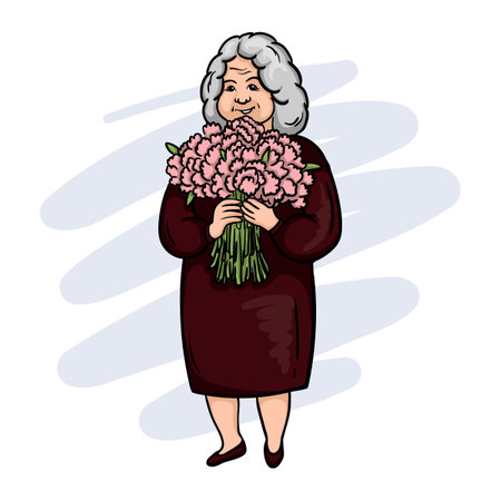 Cute elderly plump woman, grandmother with flowers. Postcard for International Womens Dayのイラスト素材