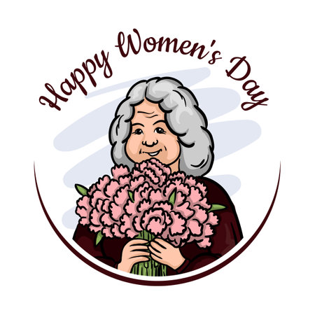 A beautiful elderly woman with gray hair is holding a bouquet of flowers. Postcard for International Womens Dayのイラスト素材