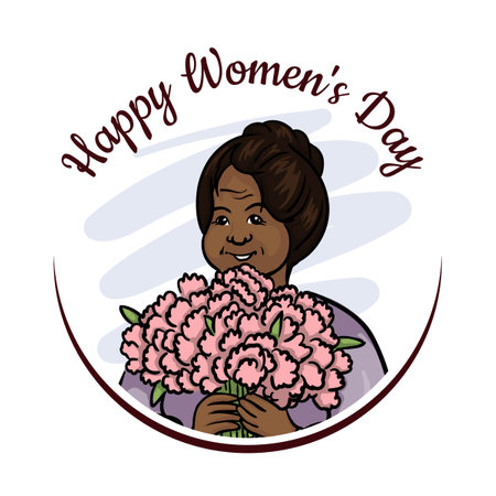 Dark-skinned woman with a bouquet of flowers. International Womens Dayのイラスト素材