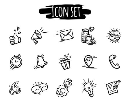 Vector hand drawn set of black on white icons for mobile application and website: contacts, location, message and more.のイラスト素材