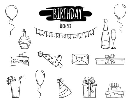 Vector hand drawn set of holiday icons on white: balloons, cake, gifts, drinks, champagne and others.のイラスト素材