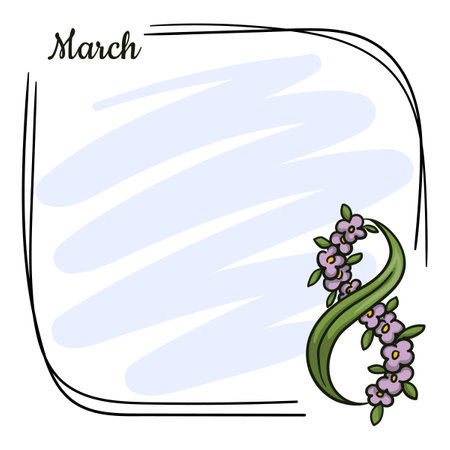Frame for greeting card for Womens Day with number 8 made of leaves and flowersのイラスト素材