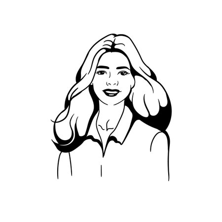 Black and white drawing of a young smiling girl with long hair.のイラスト素材