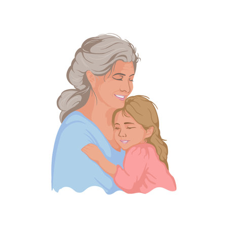 A kind old lady, a grandmother hugs a little girl, her granddaughter and smiles. Postcard for International Womens Dayのイラスト素材