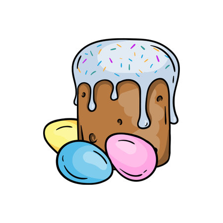 Color image of Easter cake and bright painted eggs. Illustration for Easter Card, Print and Stickerのイラスト素材