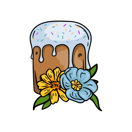 Vector image of Easter cake with decoration and spring flowers yellow and blue. Illustration for an Easter cardのイラスト素材