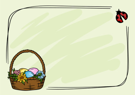 Easter background for card and presentation with frame, place for text, basket with colored eggs, flowers and ladybugのイラスト素材