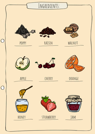 Vector editable cookbook page template with images and names of baking ingredients and recipesのイラスト素材