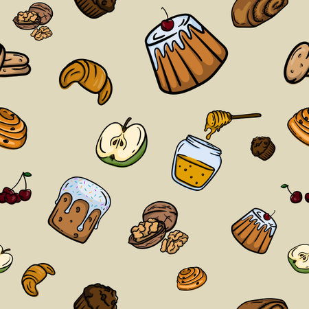 Bright vector seamless pattern with baked goods, fruits and ingredients. Editable background for gift paperのイラスト素材