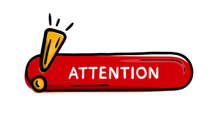 Red button with exclamation mark and text attention. Hand drawn design element for website, application. Editable vectorのイラスト素材