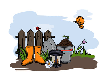 Bright vector hand drawn illustration of garden tools, fence, lantern, rubber boots and spring nature.のイラスト素材