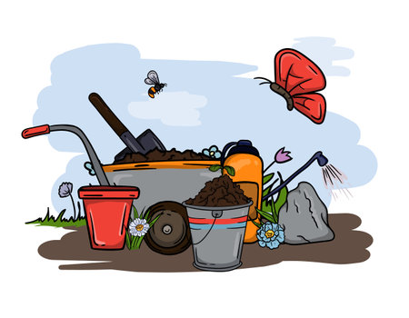 Bright vector hand drawn illustration of garden tools, wheelbarrow, shovel, flower pots and spring nature.のイラスト素材