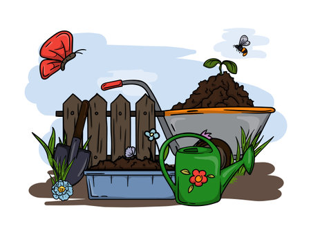 Bright vector hand drawn illustration of garden tools, fence, cart, watering can, flower pots and spring nature.のイラスト素材