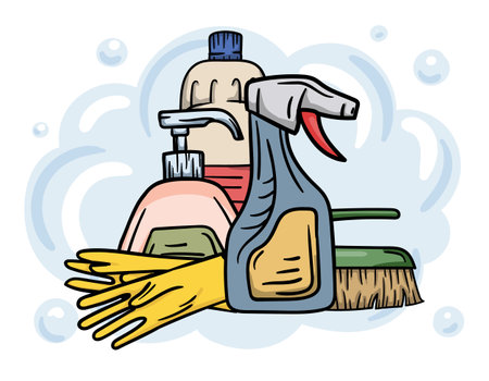 Cleaning services concept. Editable illustration with detergent and brush. Advertising of home, office cleaning servicesのイラスト素材