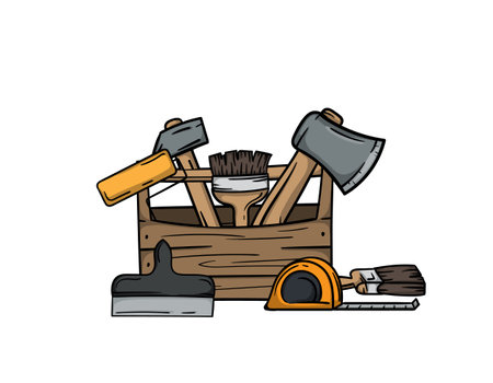 Building and Renovation. Bright vector editable illustration of a tool box, brush, tape measure and spatulaのイラスト素材