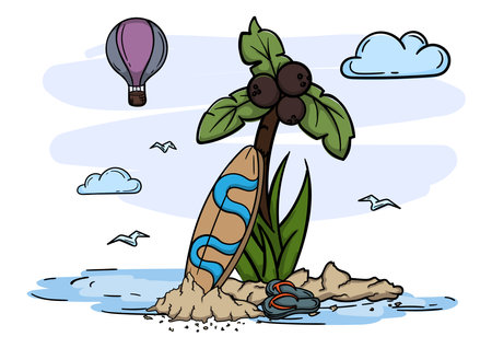 Summer holiday and tourism concept. Bright editable illustration with sea, palm tree, surfboard and hot air balloonのイラスト素材