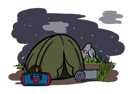 Hiking and camping. Editable vector illustration of a night landscape with a tourist tent, rug and starry skyのイラスト素材