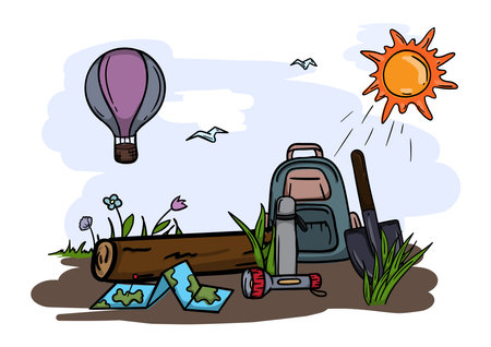 Hiking and camping. Editable illustration of a tourist landscape, with a hot air balloon, a backpack and a flashlightのイラスト素材