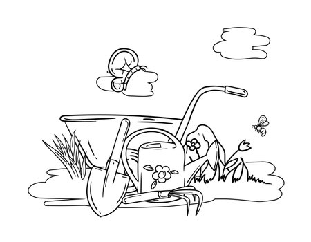 Coloring book for children with garden tools, watering can, shovel, cart and spring nature. Black and white vector imageのイラスト素材