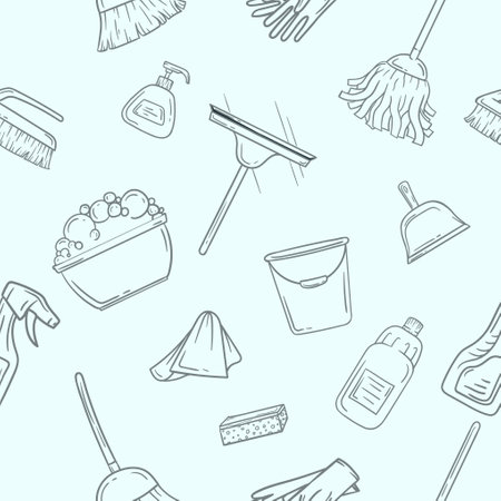 Seamless color pattern with cleaning items. Bright color illustration for gift paper, background and banner.のイラスト素材